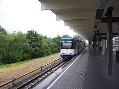 Line 50 at Diemen Zuid towards Gaasperplas using M4 rolling stock, during the line 53 replacement between Van der Madeweg and Gaasperplas (2013)