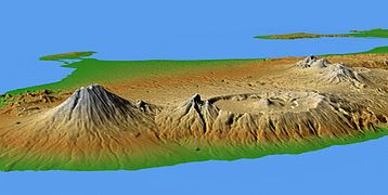 バリ島北東部の地形図。右のカルデラがバトゥール火山で、左の高峰がアグン火山。