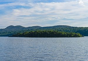 A small, low island mostly covered with green trees at some distance from the camera, in the midst of a body of water. It runs the width of the image. The land behind it, also mostly covered with trees, rises to higher hills