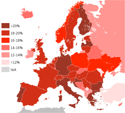 European countries by proportions of people aged 65 and over in 2018
