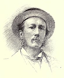 self-portrait sketch of a man with amoustache, sideburns, and a round-brimmed hat