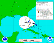 A map of a storm track surrounded by an error cone extending from the Bahamas west to Florida