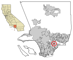 Location of West Whittier-Los Nietos in Los Angeles County, California.