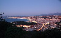 View looking west from the Fort du Mont Alban in Nice. The Baie des Anges and the city of Nice at dawn.