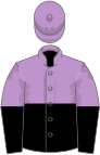 mauve and black halved horizontally, mauve and black halved sleeves, mauve cap