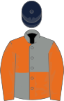 Grey and orange (quartered), orange sleeves, dark blue cap