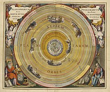Andreas Cellarius, a Dutch mathematician and geographer in the 17th century, compiled a celestial atlas with theories from astronomers like Ptolemy and Copernicus. This illustration shows the Earth at the center, with the Moon and planets orbiting around it, based on Ptolemy's geocentric model before Copernicus' heliocentric model.