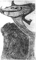 Black-and-white photograph of a stylized sketch depicting a tribal funerary mask.