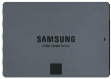 A grey SSD with the text Samsung Solid State Drive"