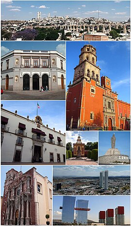 From top to bottom, from left to right: Panoramic view of the Aqueduct of Querétaro, Theater of the Republic, Casa de la Corregidora, Temple of San Francisco de Asís, in the historic center, Chapel of Maximiliano de Habsburgo on Cerro de las Campanas , Conín Statue, Querétaro Cathedral, the Juriquilla area and the Central Park complex.