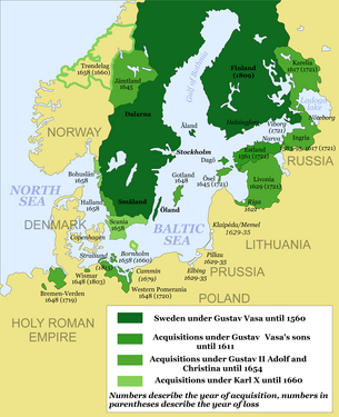 Extension de l'empire suédois à partir de 1560. La carte précise les dates d'acquisition et de perte (entre parenthèses).