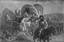 A pencil drawing of a large prairie schooner being drawn by two oxen, with attendant cowboys
