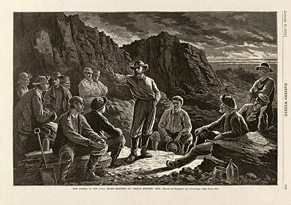 Molly Maguires meeting to discuss strikes, by Paul Frenzeny and Jules Tavernier (restored by Adam Cuerden)