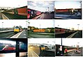 A photo-montage of Virgin trains mostly at Banbury station in Oxfordshire. The HST unit '43084' (the pointed one at the bottom left is at Reading station in Berkshire). The Locos are all diesels and their carriages are all Mk 2 stock. Virgin has now scraped it's HSTs and Mk 2 stock and reduced it's number of Class 47 locos and Mk 3 carriage stock since it started producing it's voyager/Super Voyager class D.M.U.s. Each picture is date stamped.