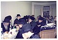 Radziner Chassidim in the US at the Tisch of their Rebbe Grand Rabbi Avraham Yissochor Englard of Radzin commemorating the Yahrtzeit of his father-in-law the Tiferes Yosef - at his shtiebel in Crown Heights, Brooklyn - 26 Shvat 5751 (1991)