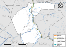 Carte en couleur présentant le réseau hydrographique de la commune