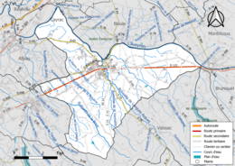 Carte en couleur présentant le réseau hydrographique de la commune