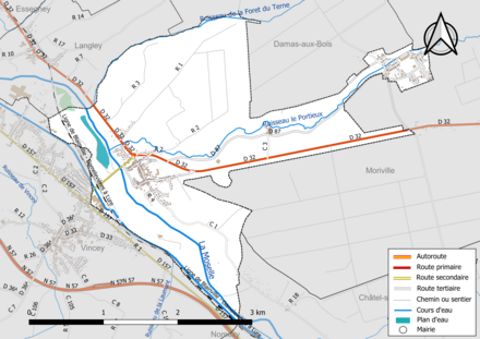 Carte en couleur présentant le réseau hydrographique de la commune