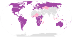 Countries with 50% or more Christians are colored purple; countries with 10% to 50% Christians are colored pink.
