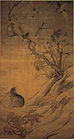 A long, portrait-oriented painting. To the right is a small hill with a tree protruding from it. Two birds are swooping in from the upper right corner, one passing in front of the tree. In the bottom left corner is a hare with its head tilted upwards, facing the birds. The scroll uses dark inks, and has darkened and become orange with age.