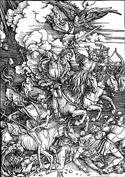 Les Quatre Cavaliers de l’Apocalypse d’Albrecht Dürer (1497-98) – Gravure sur bois, 39 cm × 28 cm. (définition réelle 1 973 × 2 761)