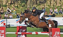 Photo d'un cheval bai et se son cavalier au plané d'un gros oxer rouge et blanc.