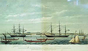 HMS Fawn (right) and HMS Miranda (left) during the Regatta of January, 1862 ("the race of the Maori war canoes")
