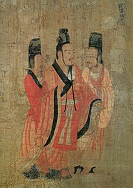 Empereur Zhao des Han ? Rouleau des Treize Empereurs attribué traditionnellement à Yan Liben, actif en 640-673, rouleau horizontal, encre et couleurs sur soie, 51 × 531 cm, détail. Boston Museum of Fine Arts.