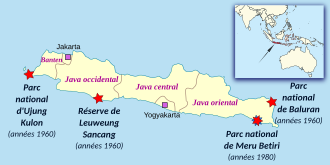 Carte de Java avec emplacement des parcs où le Tigre de Java vit encore dans les années 1960.