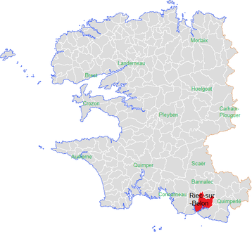 Carte représentant par des couleurs différentes l'emplacement d'une commune au sein de son département.