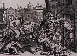 16th century engraving of the massacre of Thessalonica in the hippodrome