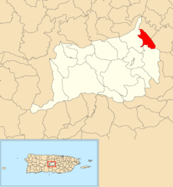 Location of Mata de Cañas within the municipality of Orocovis shown in red