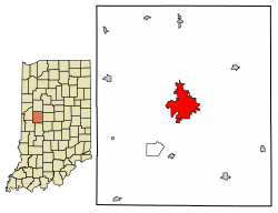 Location of Crawfordsville in Montgomery County, Indiana.