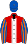 RED, white panel, royal blue sleeves, orange stripes, royal blue cap