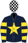 Dark blue, yellow star, hooped sleeves, white and black check cap