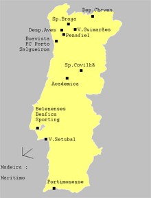 Mapa dos clubes do Campeonato Português de Futebol na temporada 1985-1986.l