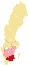 Förvaltningsrättens domkrets (rött) samt den kammarrätt den faller under (ljusrosa).