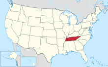 A map showing the location of the U.S. State of Tennessee.