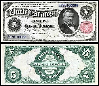 Five-dollar silver certificate from the series of 1891, by the Bureau of Engraving and Printing
