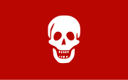 Flag used by a crew of Spanish pirates, described as “a Spanish Pyrate Sloop, or Guarde Costa, of 8 Carriage Guns and 10 Swivels' that near Havana raided an English ship 'Baccus' which after guns were fired hoisted a Red Flag, with Death's Head in the Middle”.[53][better source needed]