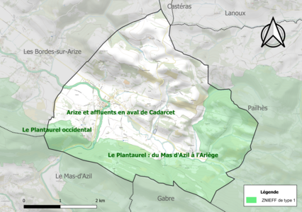 Carte des ZNIEFF de type 1 sur la commune.