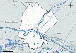 Carte en couleur présentant le réseau hydrographique de la commune