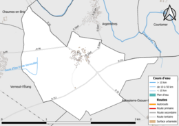 Carte en couleur présentant le réseau hydrographique de la commune