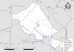 Carte en couleur présentant le réseau hydrographique de la commune