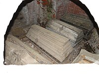 Coffins resting at the burial vault of Barner family on the churchyard of Bülow in Germany.