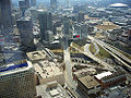 Aerial view from Bank of America Plaza's 46th floor; downtown Atlanta in upper left of photo; I-75/I-85 (the Connector) is the major road artery running under the bridges and near the edges of Baltimore Block at bottom right corner