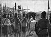 Illustration of Robert Bruce addressing his troops at the Battle of Bannockburn.