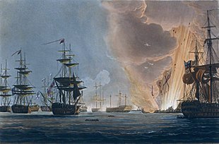 Représentation de l'explosion d'un navire de guerre autour d'autres navires, formant un large nuage de fumée.