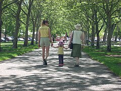 A family walking in the park.
