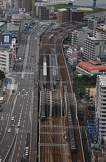 Photographie sur-élevée montrant les lignes Hankyu